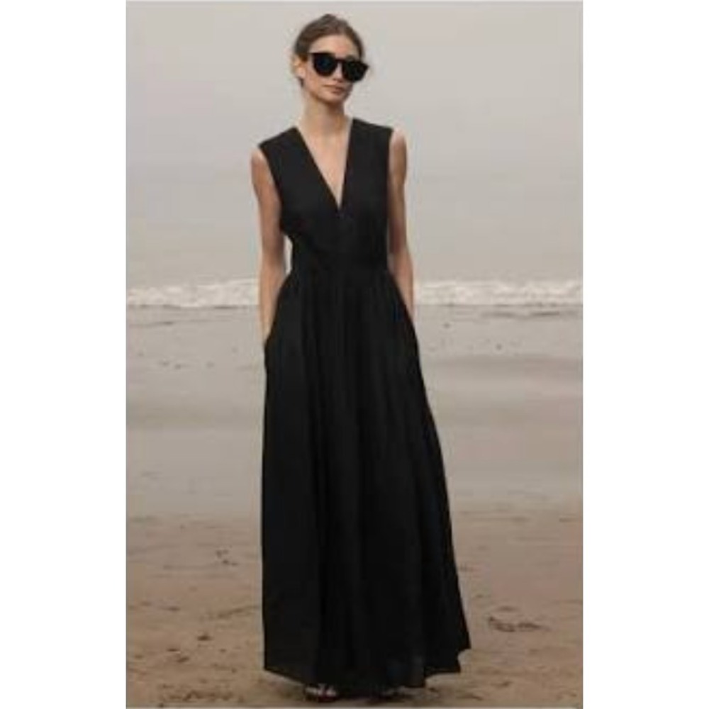 Heidi Merrick Corsica Dress Linen Women's Small Black Open Back Pockets